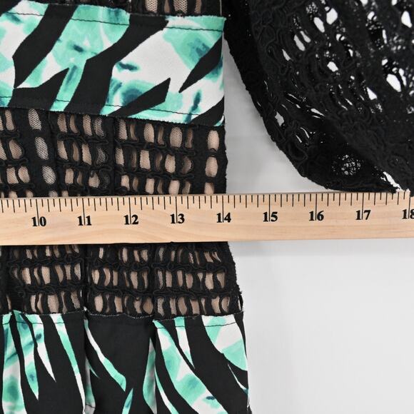 BCBGMAXAZRIA‎ Dress Sz 4 Layna Palms Print Black Teal Lace Trim Half Sleeve Mini - Picture 13 of 13